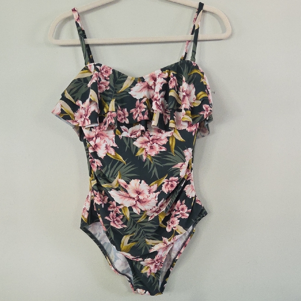 Kona Sol Floral Swimsuit with Ruffle Detail